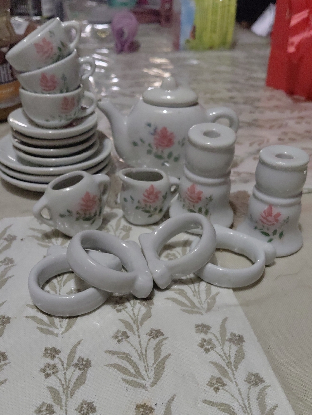 Miniature Porcelain Tea Set with Pink Rose Motif